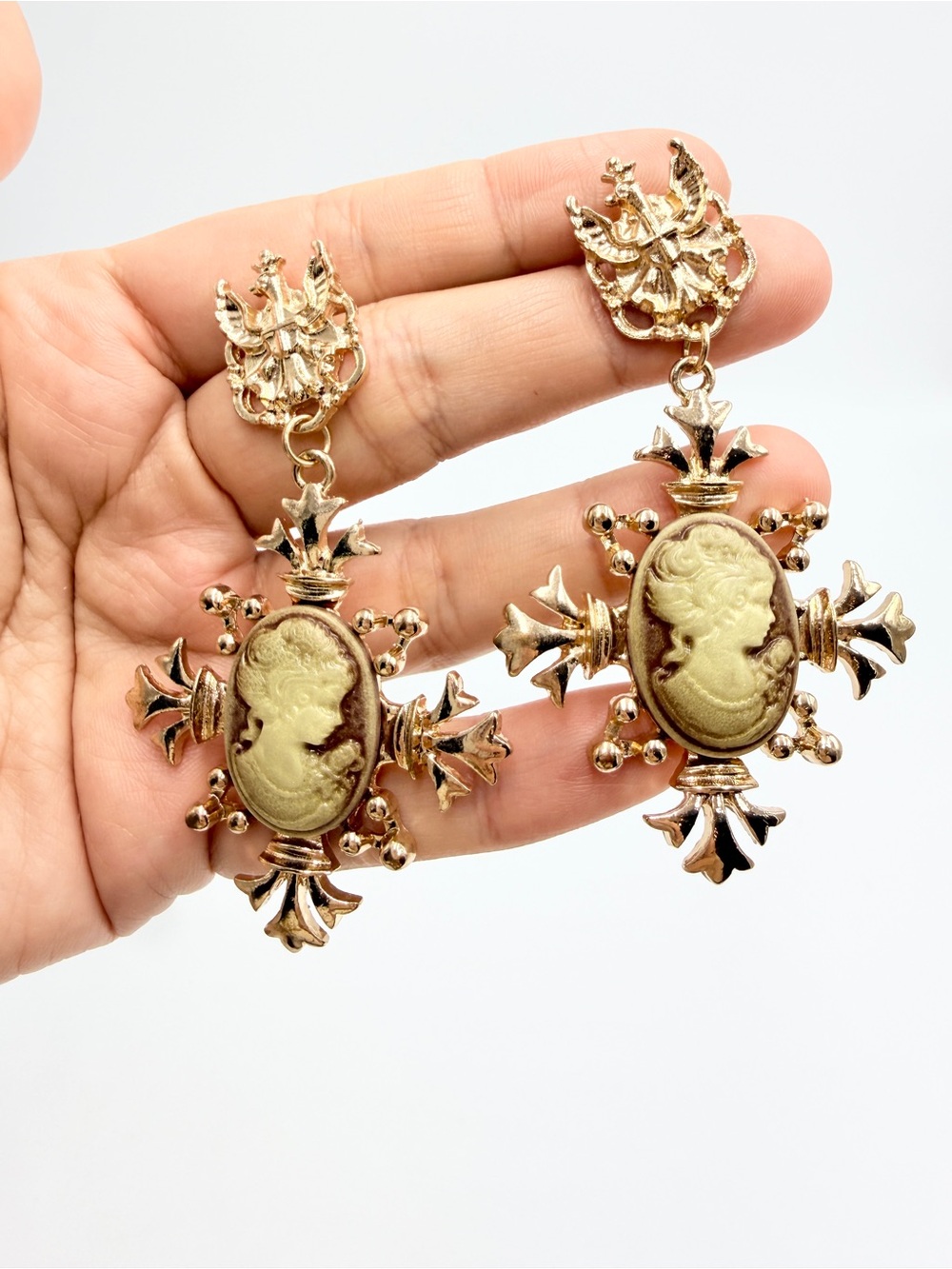 Vintage Gold Tone Cameo Cross Dangle Earrings Victorian Style